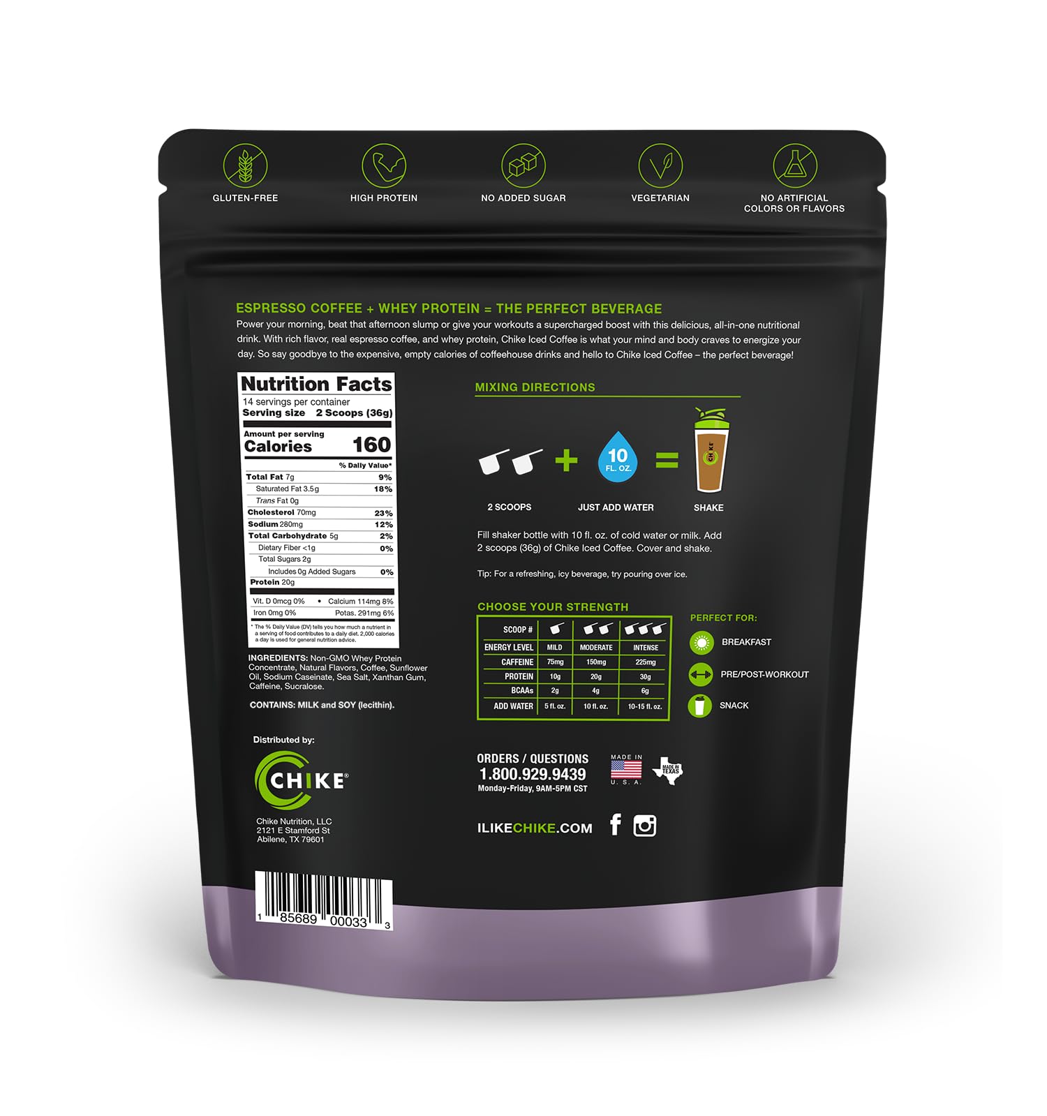 Chike Sweet Cream Iced Coffee whey protein mix close-up emphasizes protein source.