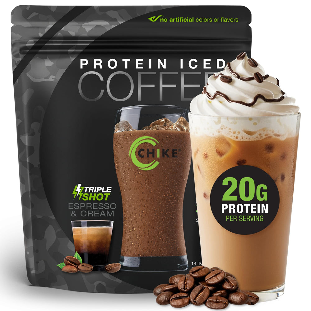 CHIKE Triple Shot Espresso & Cream bottle highlighting 20 g protein and caffeine