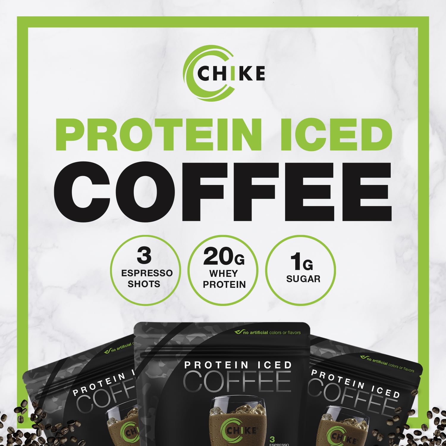 Container of CHIKE whey protein beside the ready-to-drink coffee