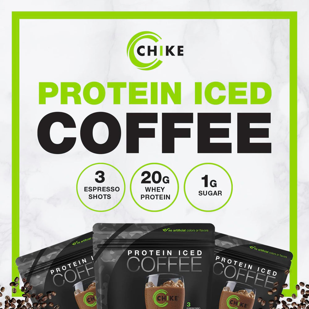 Container of CHIKE whey protein beside the ready-to-drink coffee
