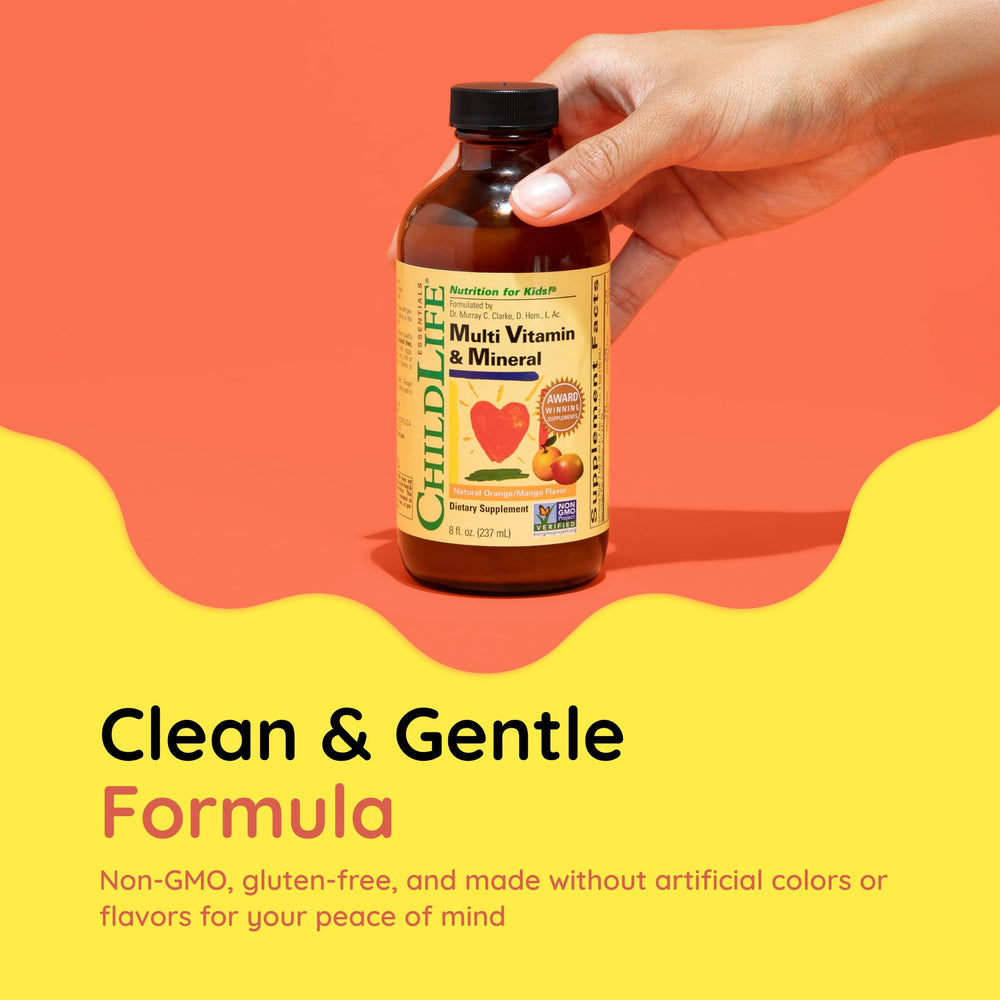 CHILDLIFE ESSENTIALS packaging closeup emphasizes non-GMO, pure ingredients.