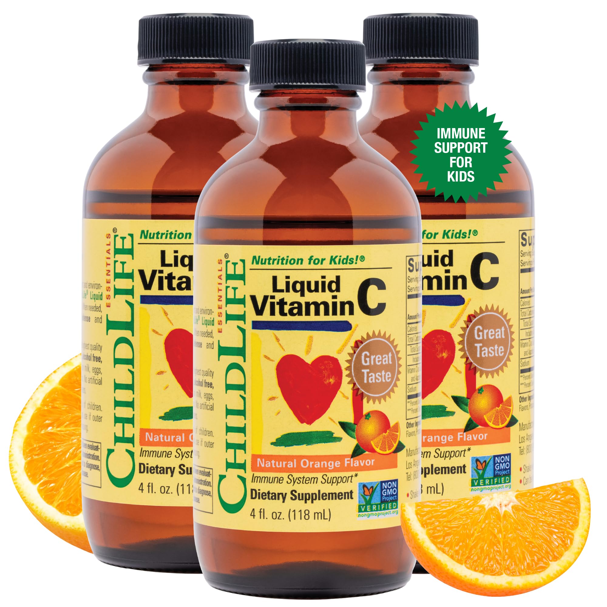 CHILDLIFE ESSENTIALS Liquid Vitamin C bottle-pour showing easy dosing for daily immune support