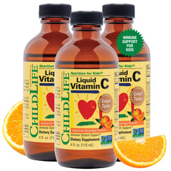 CHILDLIFE ESSENTIALS Liquid Vitamin C bottle-pour showing easy dosing for daily immune support