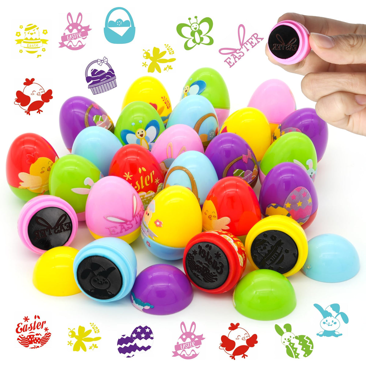 Childom Easter stamps package view highlights 24 pre-inked stamps for mess-free crafts