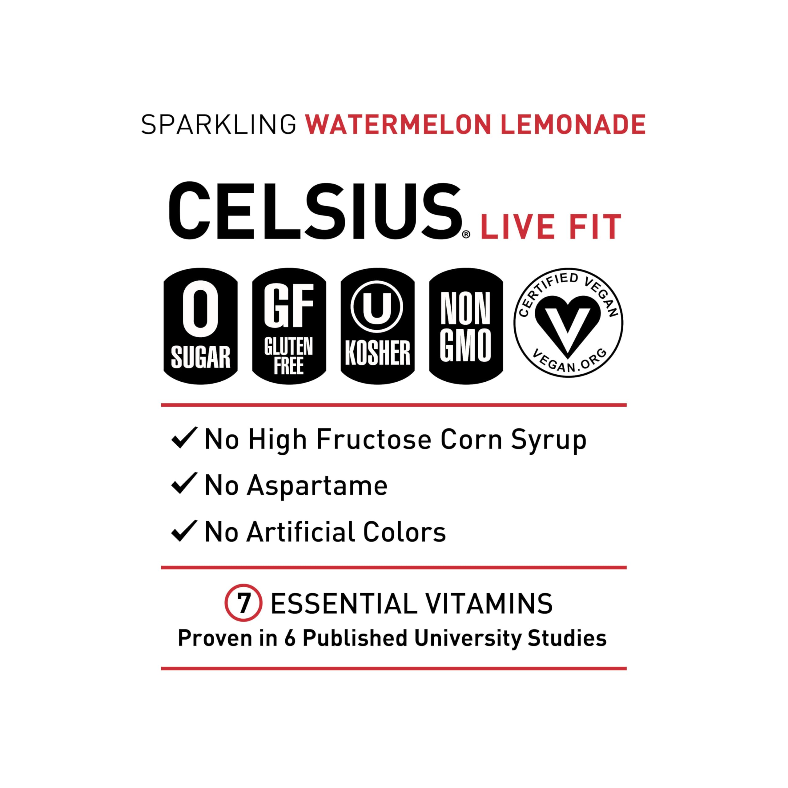 Chilled CELSIUS glass with ice shows crisp fruity finish.
