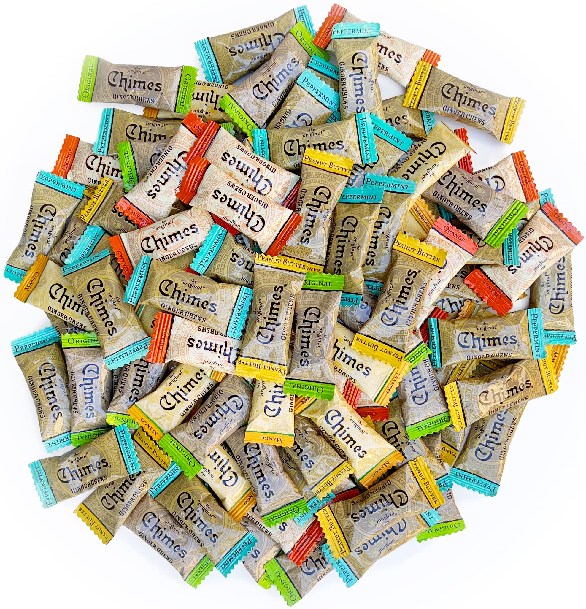 Chimes Ginger Chews 1lb variety bag front view, gluten-free and vegan.