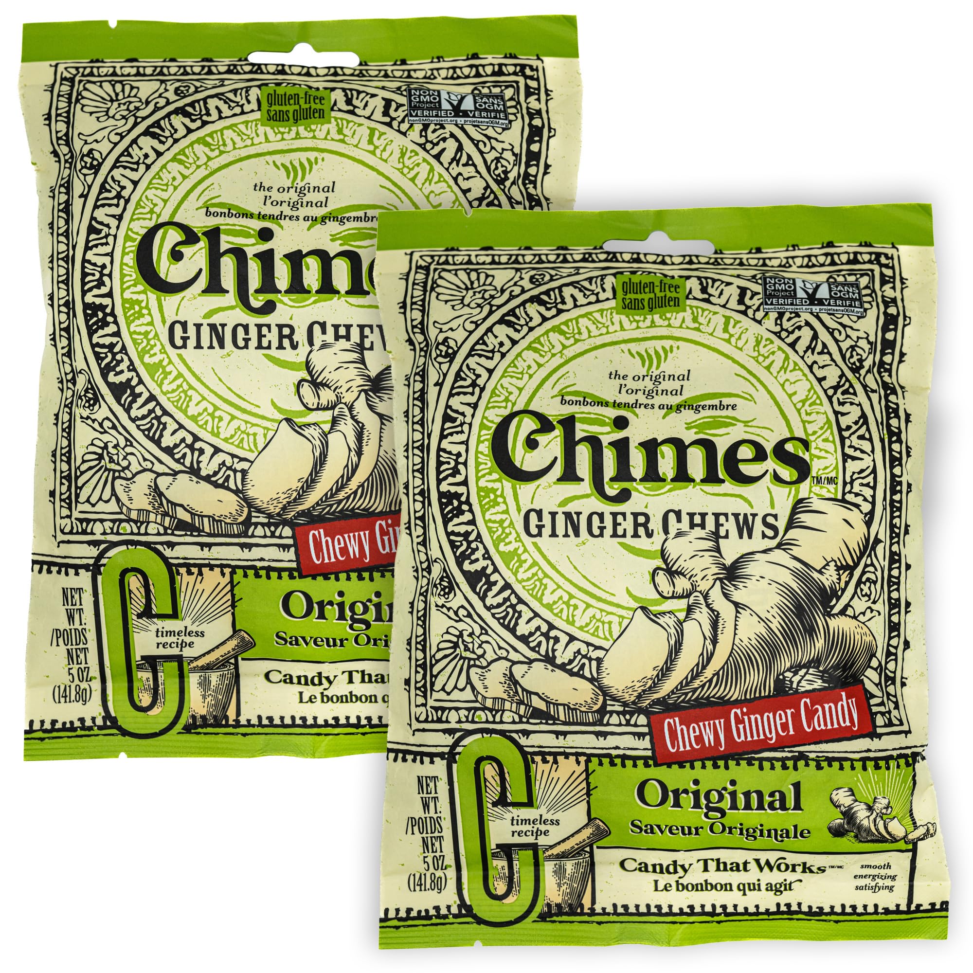 Chimes Ginger Chews Original two-pack 5oz on display for on-the-go snacking.