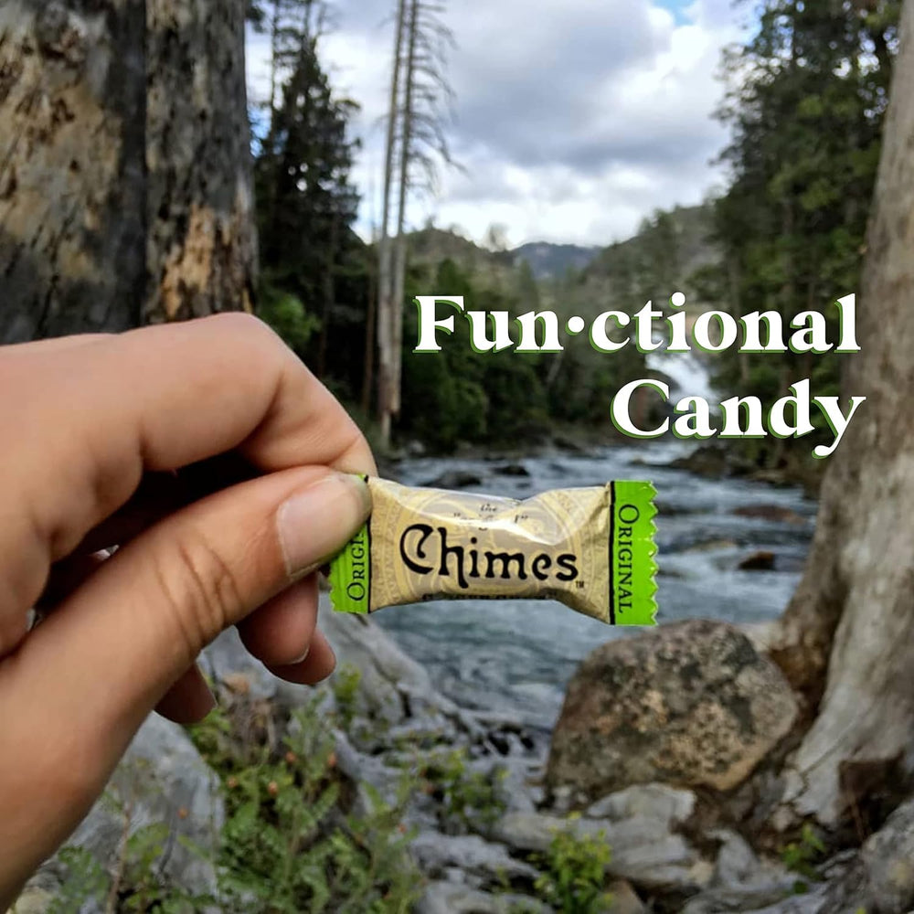 Chimes Ginger Chews Original box and bag on kitchen counter.