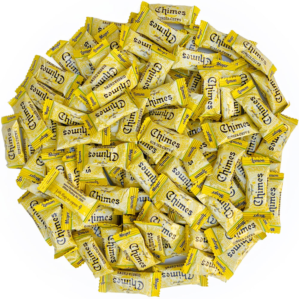 Chimes Meyer Lemon Ginger Chews bag with tangy citrus and ginger flavor, ideal on-the-go snack