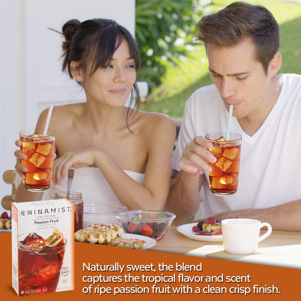 Chilled China Mist Passion Fruit Iced Tea with citrus slices.