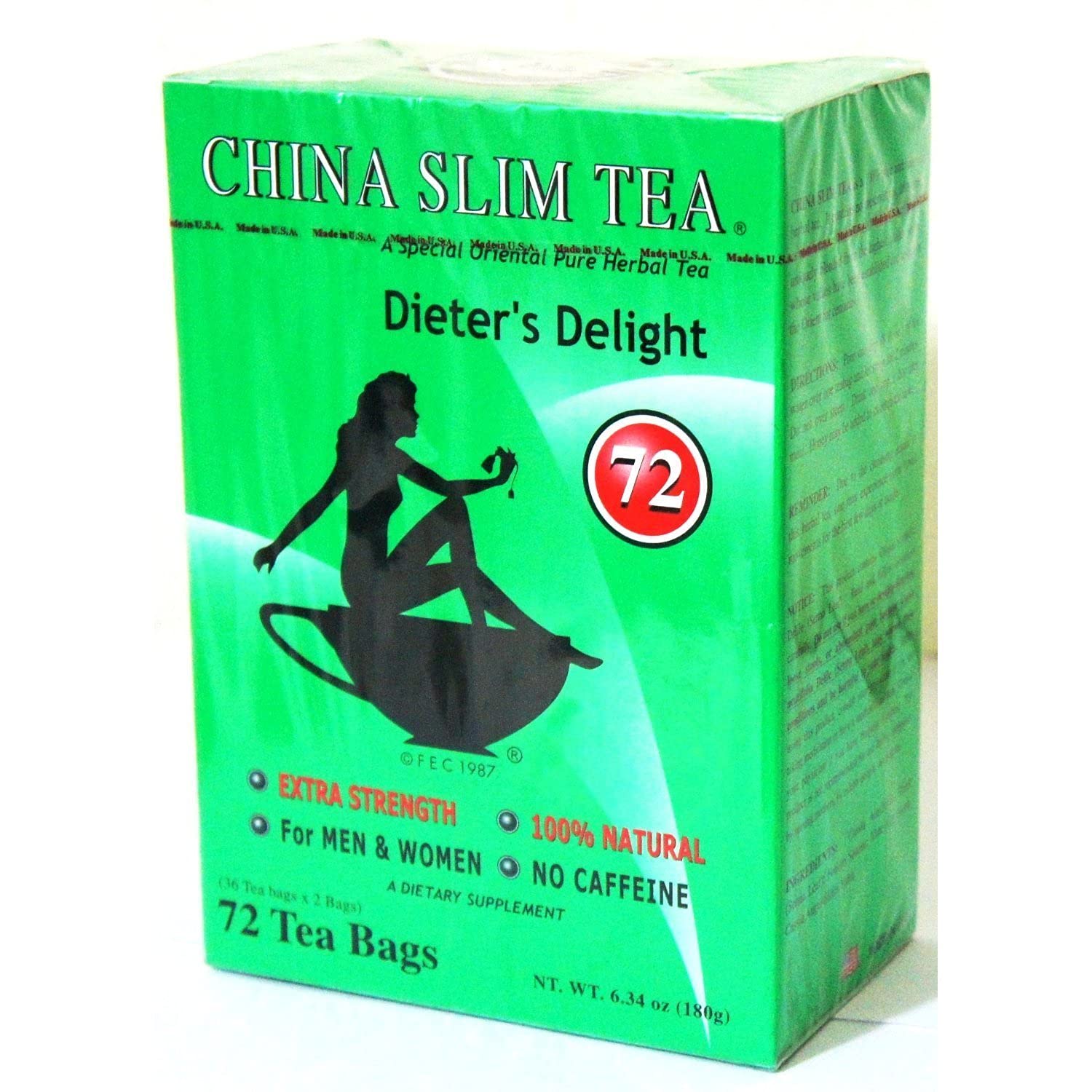 China Slim Tea Dieter's Delight packaging front shows 72 tea bags and USA-made quality.