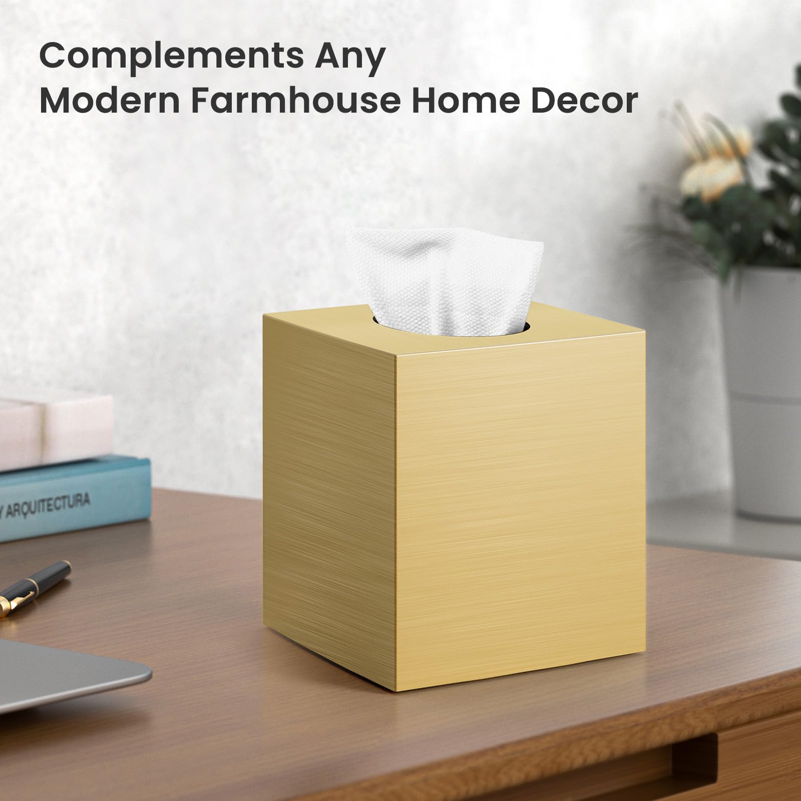 Chintu gold square tissue box complements kitchen and bathroom countertops stylishly.