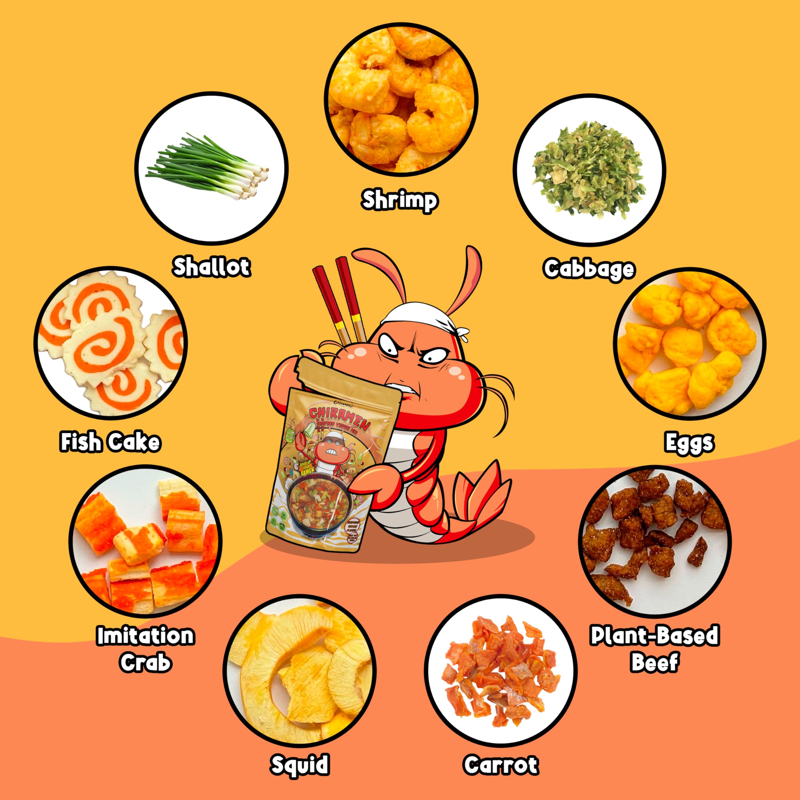 Chiramen Seafood Veggie Mix imitation crab brings color and ocean notes to broth.