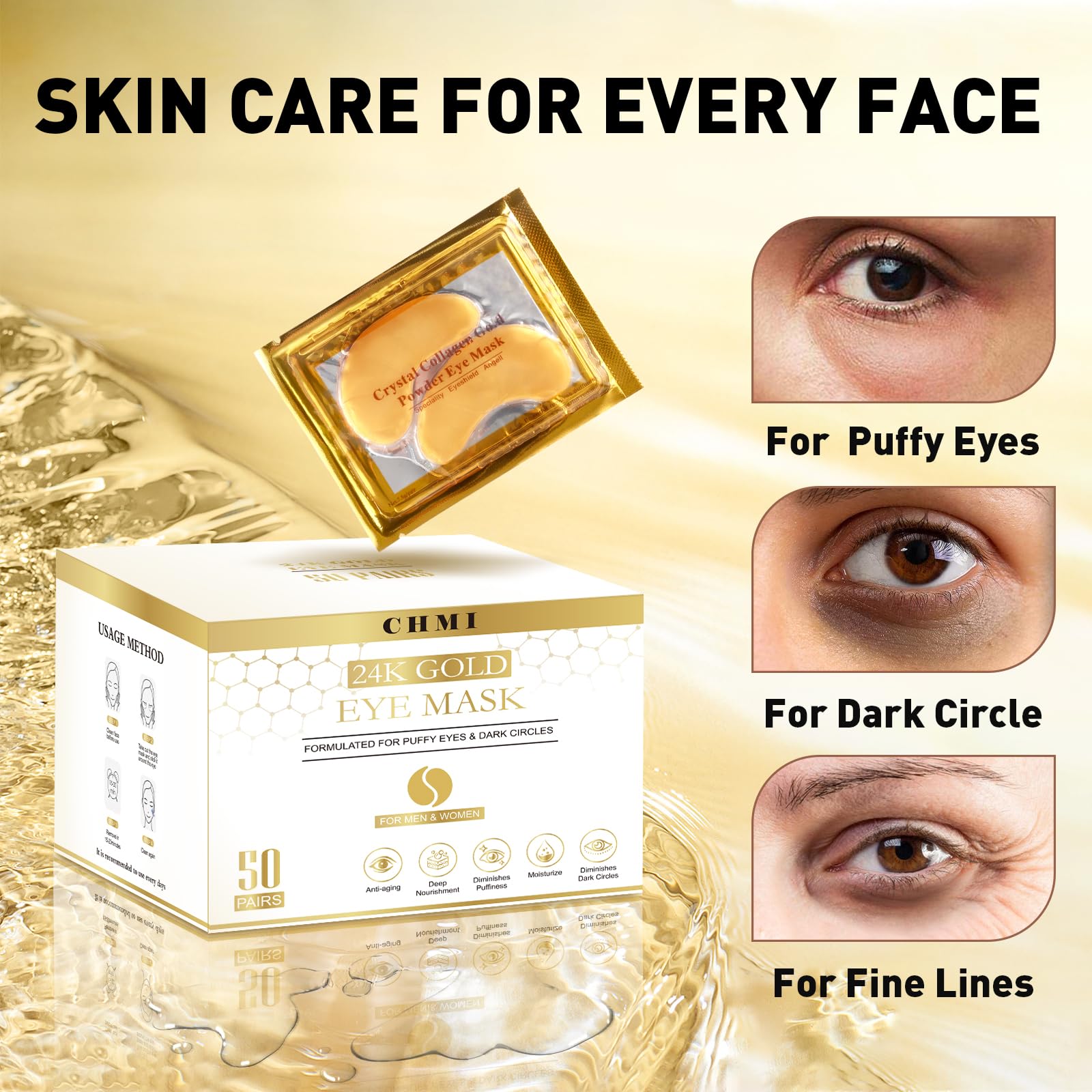 Close-up of CHMI 24K Gold Under Eye Patches with visible gold essence texture.