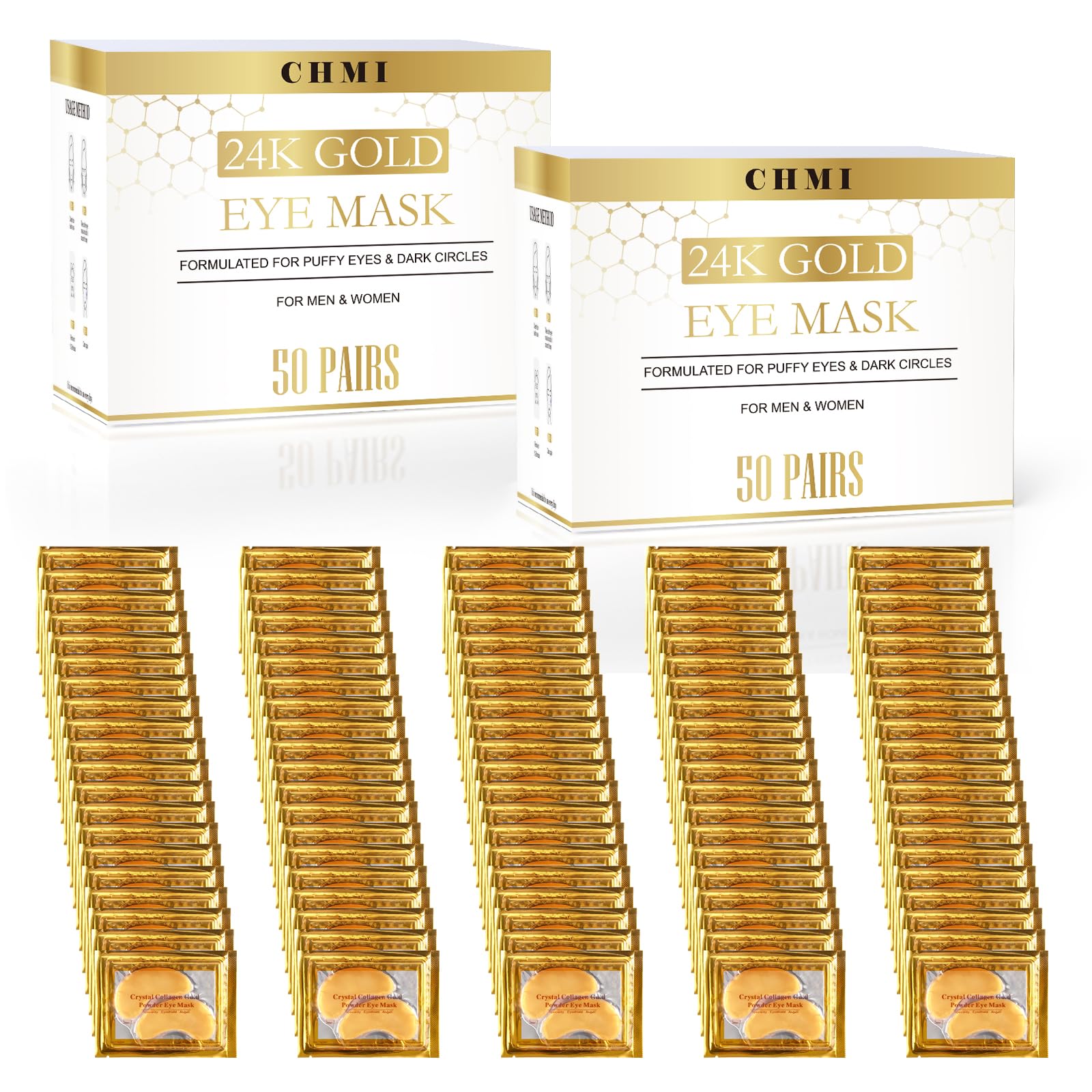CHMI 24K gold under-eye patches in a full pack for at-home brightness and care.