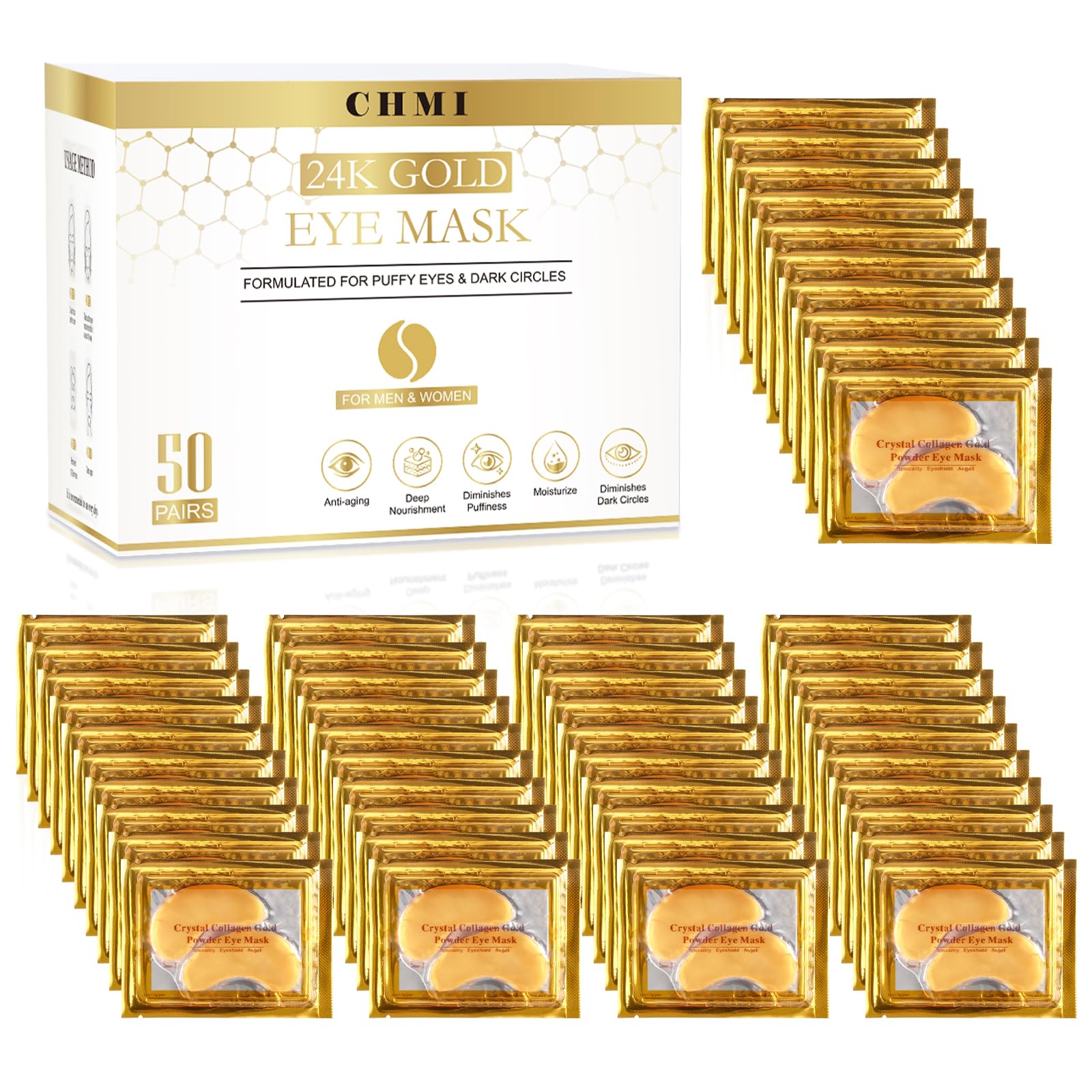 CHMI 24K Gold Under Eye Patches packaging shown for premium at-home care.
