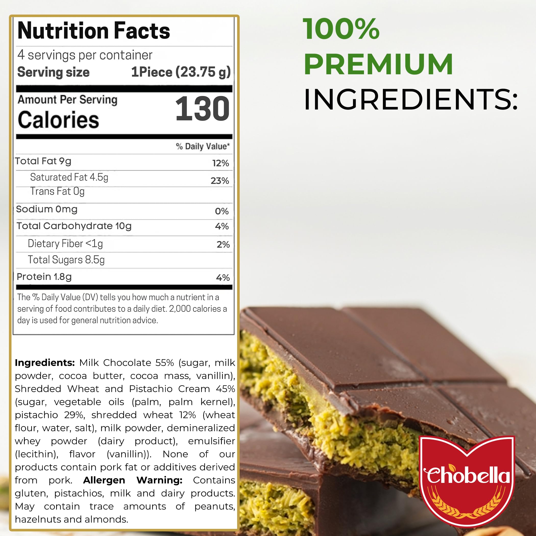 Chobella Dubai Pistachio Bar front view highlights milk chocolate exterior