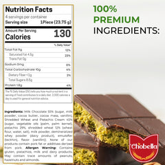 Chobella Dubai Pistachio Bar front view highlights milk chocolate exterior