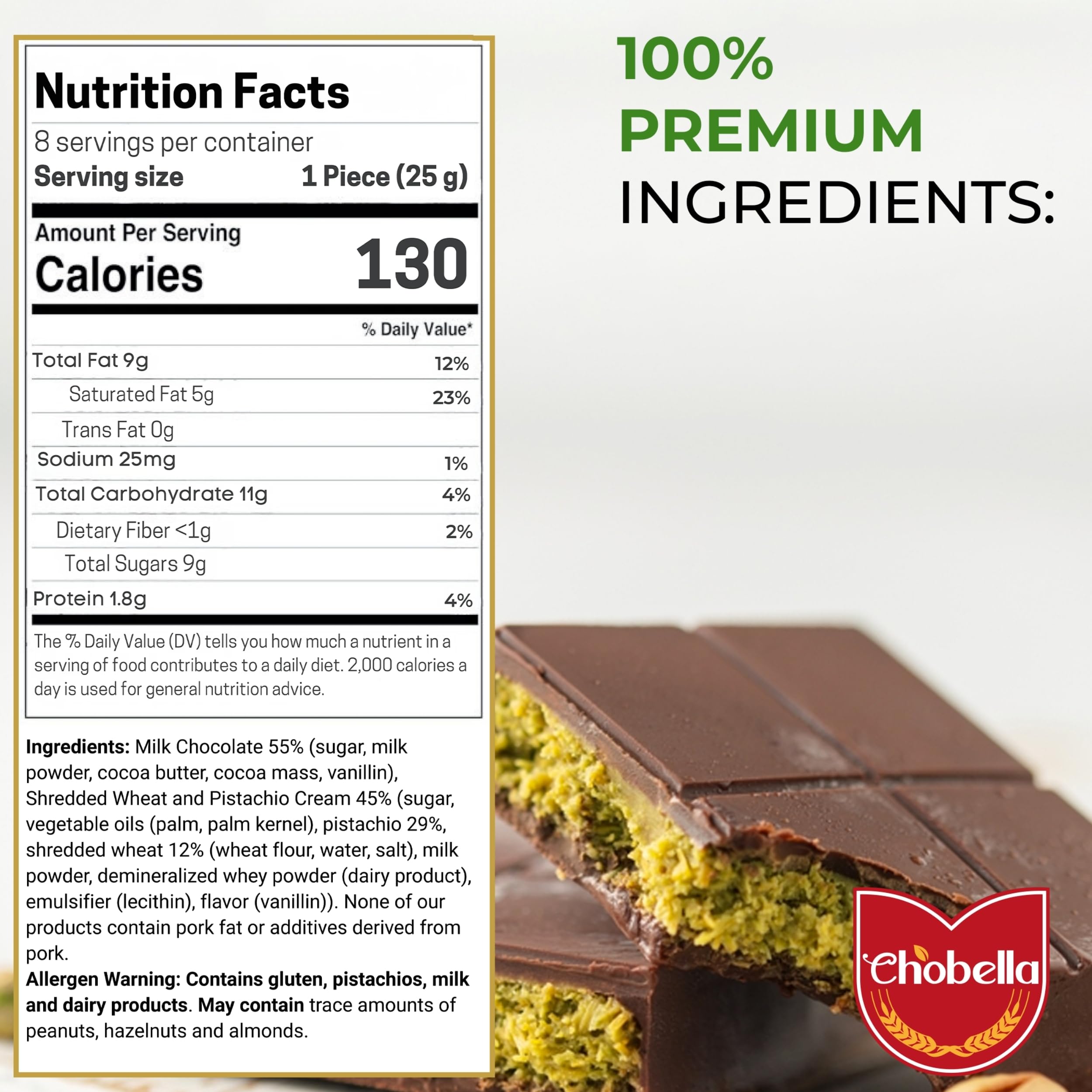 Chobella Dubai chocolate bar pistachio cross-section reveals creamy center and crisp layers