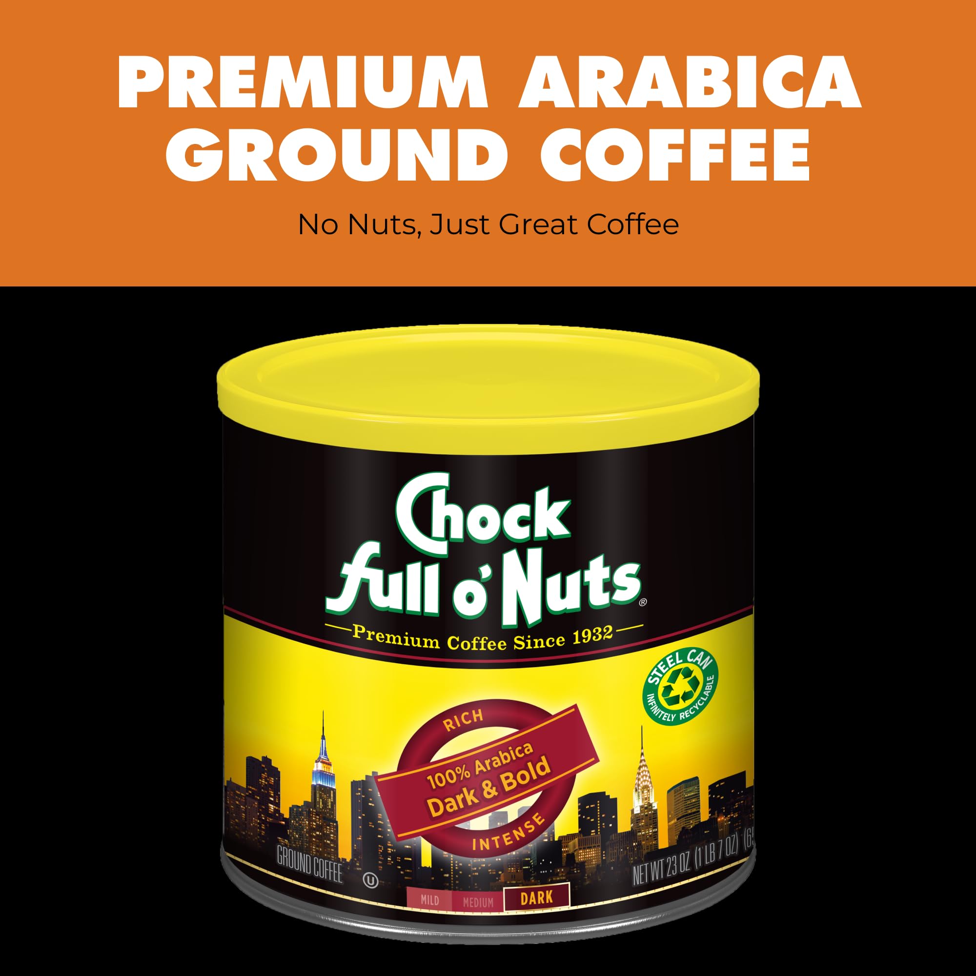 Chock Full o'Nuts Dark Bold ground coffee ready for drip or pour-over brewing.