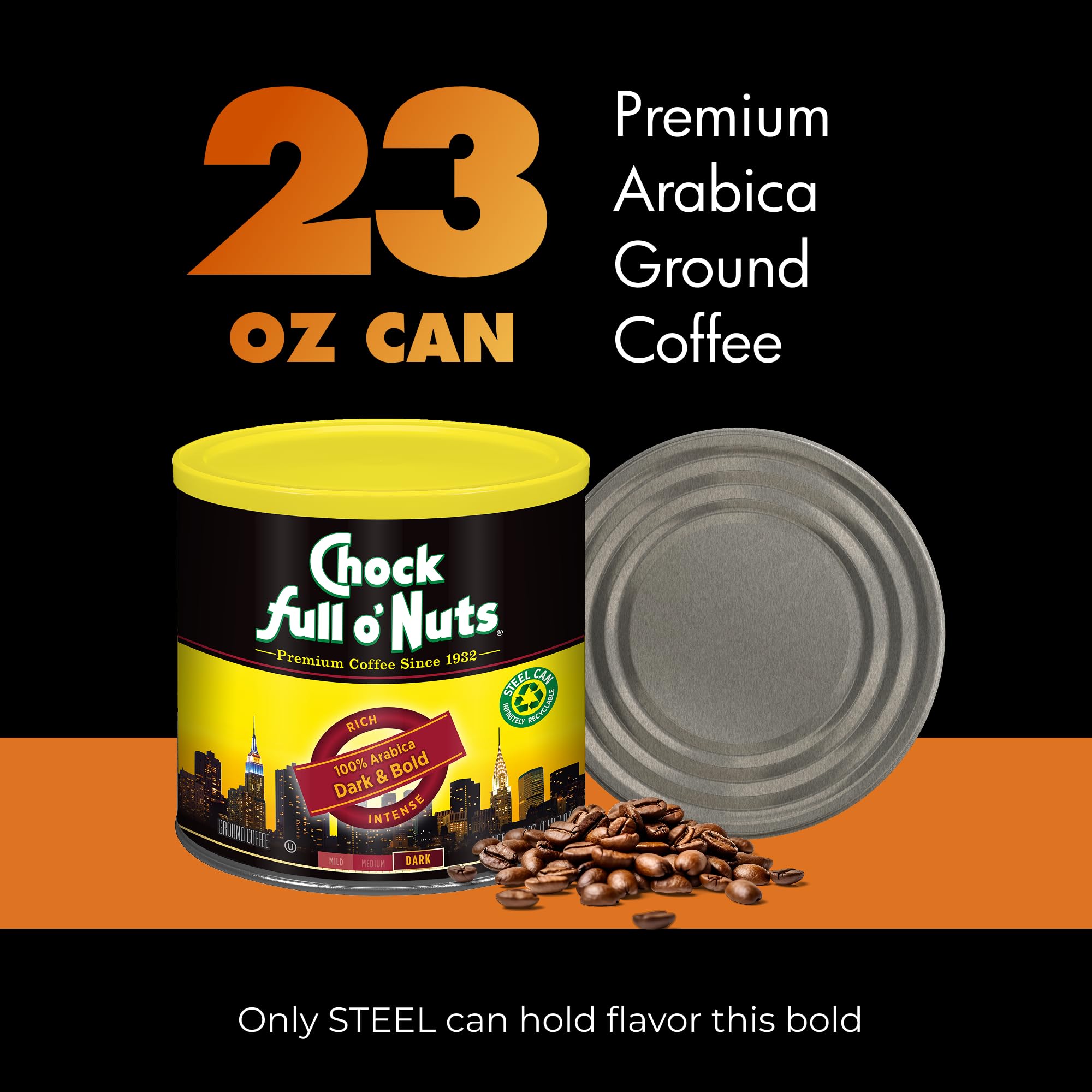 Chock Full o'Nuts Dark Bold ground coffee suits percolator brewing and traditional stovetop.