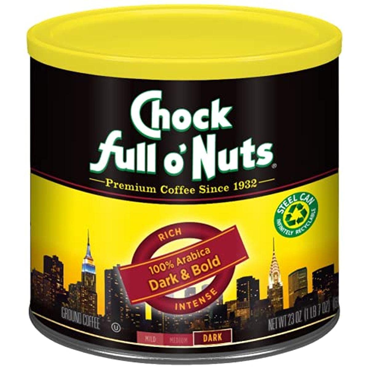Chock Full o'Nuts Dark Bold ground coffee can front view highlights premium beans for rich aroma.