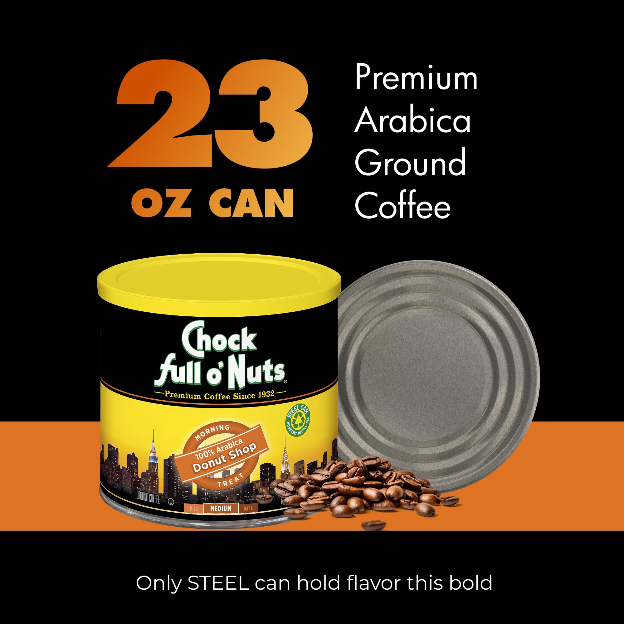 Chock Full O Nuts Donut Shop Ground Coffee brewed cup with crema for a café-like experience at home.
