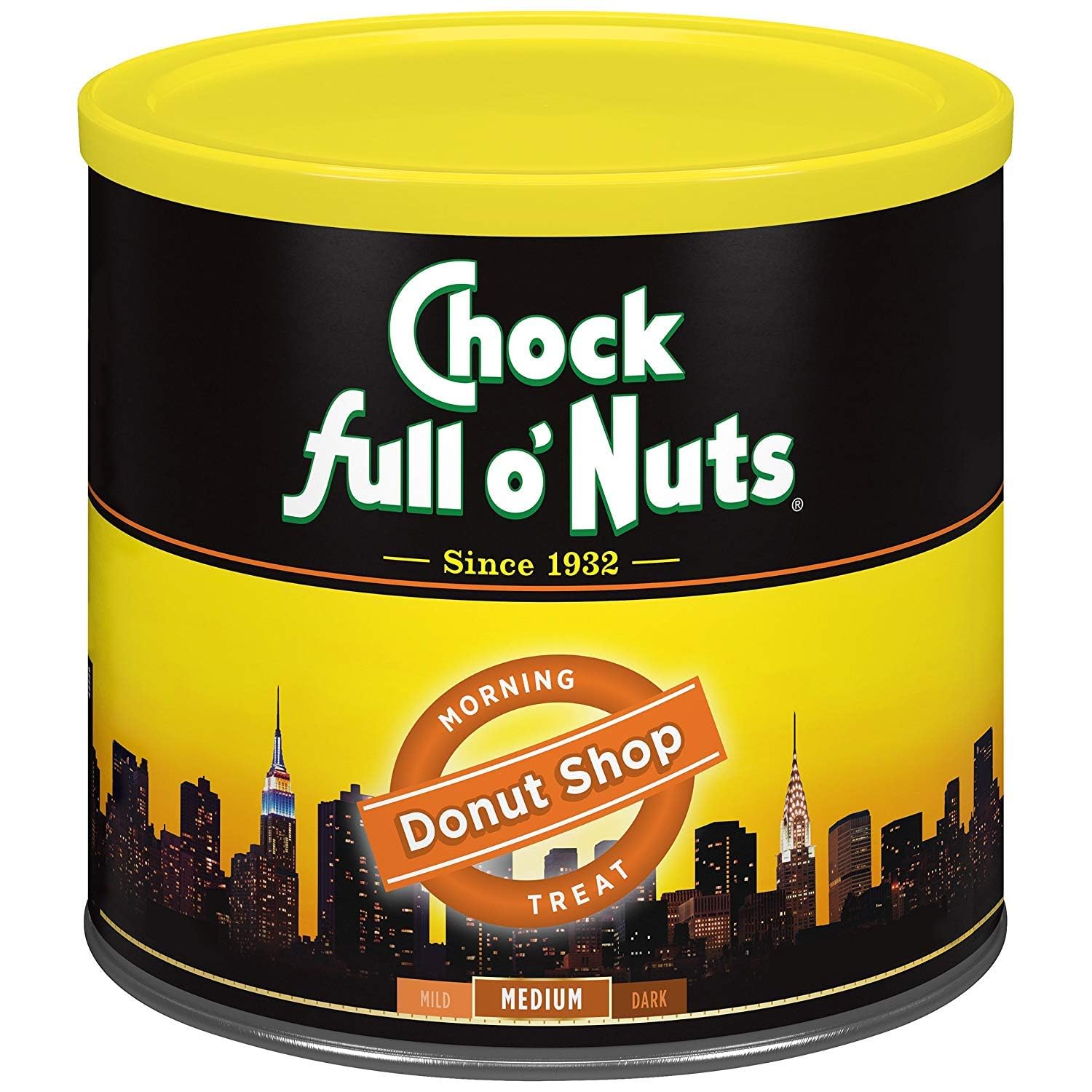Chock Full O Nuts Donut Shop Ground Coffee can front highlights premium medium roast aroma.
