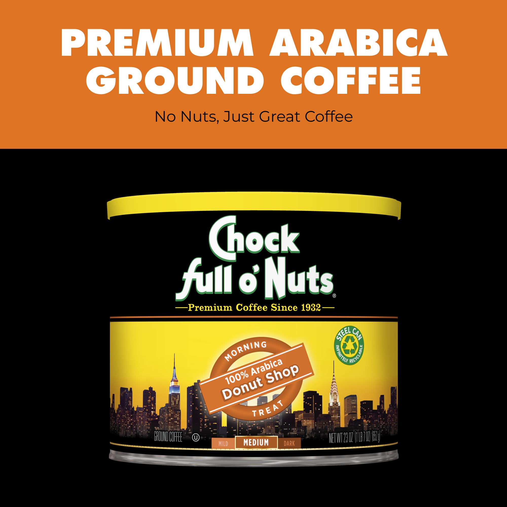 Chock Full O Nuts Donut Shop Ground Coffee cans stacked on shelf illustrate compact organization.