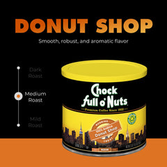 Chock Full O Nuts Donut Shop Ground Coffee steel can packaging emphasizes freshness and recyclability.
