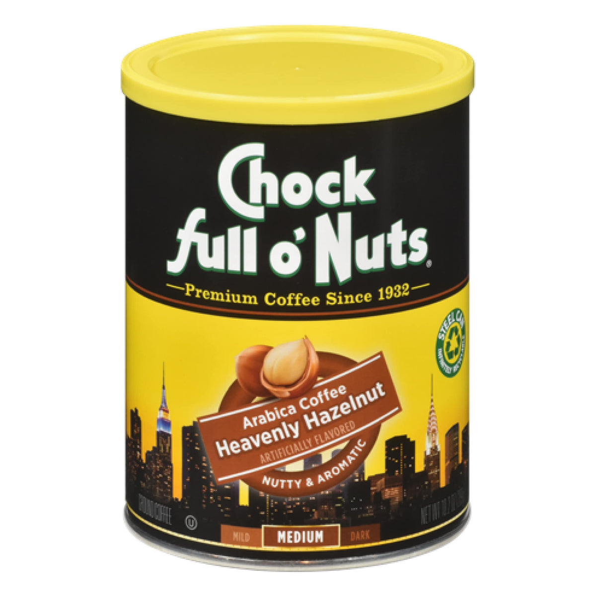 Chock Full o’ Nuts Heavenly Hazelnut ground coffee can ready for freshness and aroma.