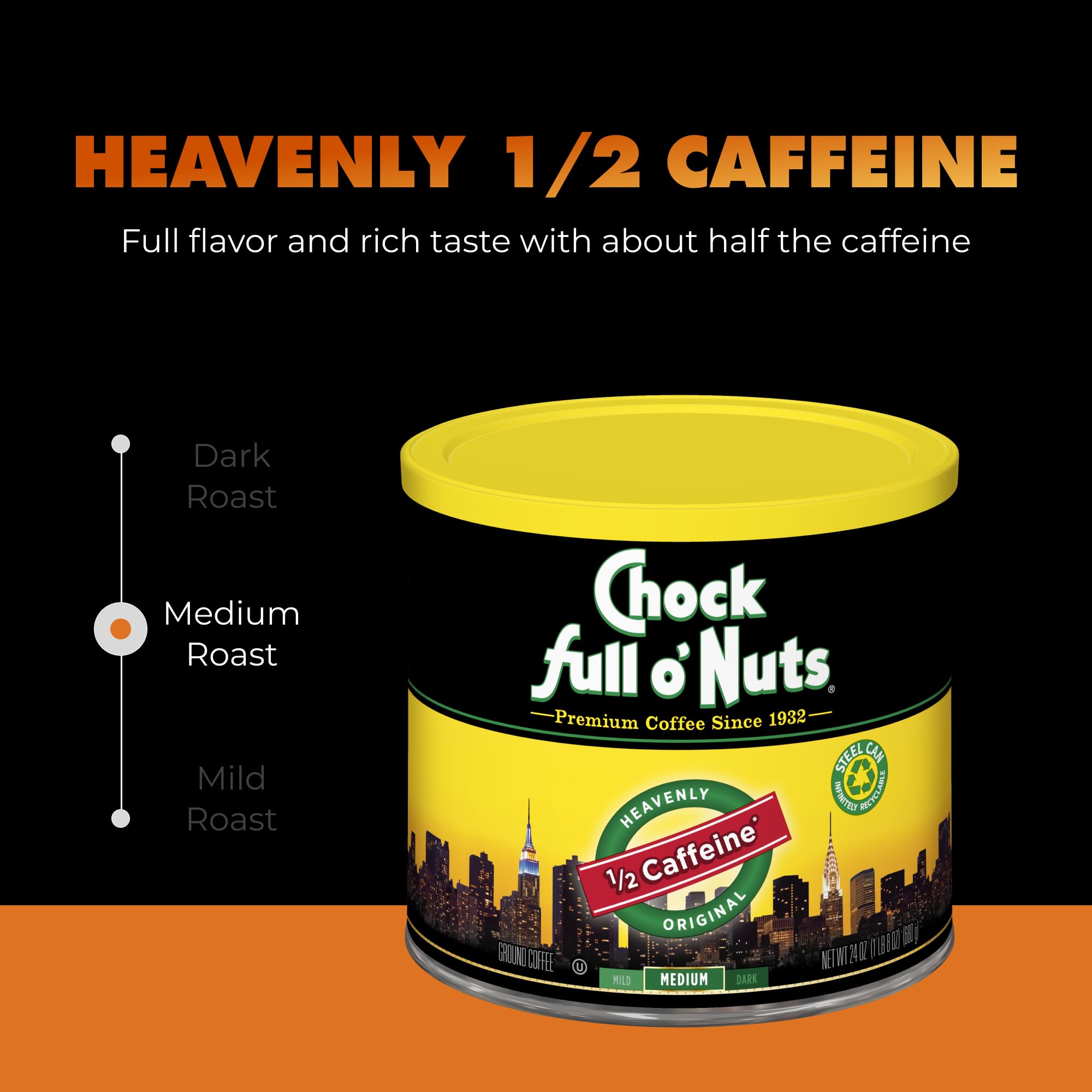 Chock Full o' Nuts Heavenly Original Half Caffeine coffee beans packaging signals quality.