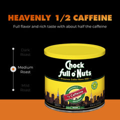 Chock Full o' Nuts Heavenly Original Half Caffeine coffee beans packaging signals quality.