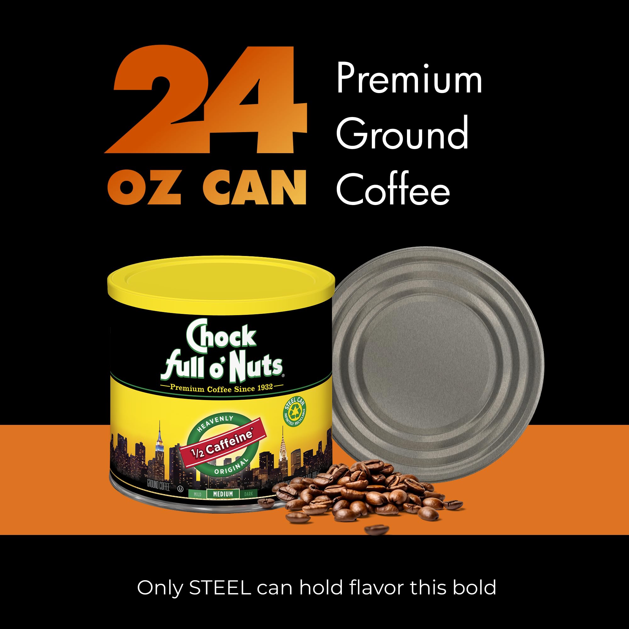 Chock Full o' Nuts Heavenly Original Half Caffeine drip-brew, consistent flavor ready fast.