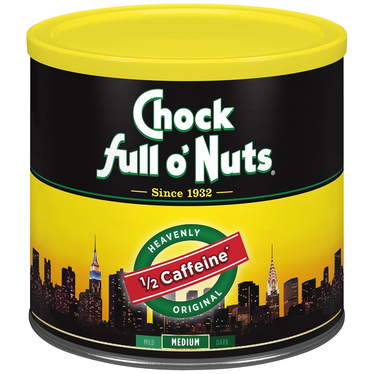 Chock Full o' Nuts Heavenly Original Half Caffeine steel can front view, freshness preserved.