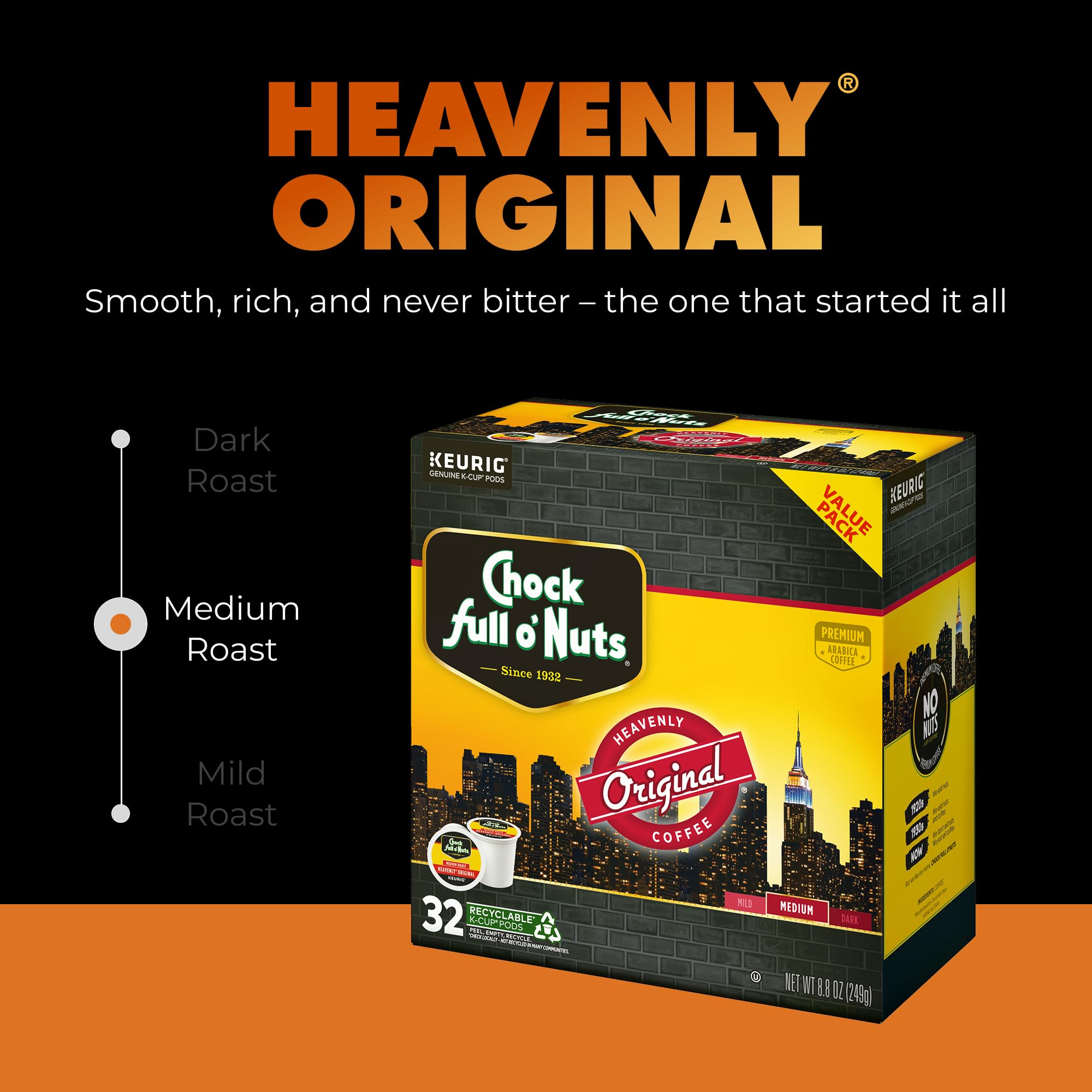 Chock Full o' Nuts Heavenly Original box packaging showing premium Arabica roast.