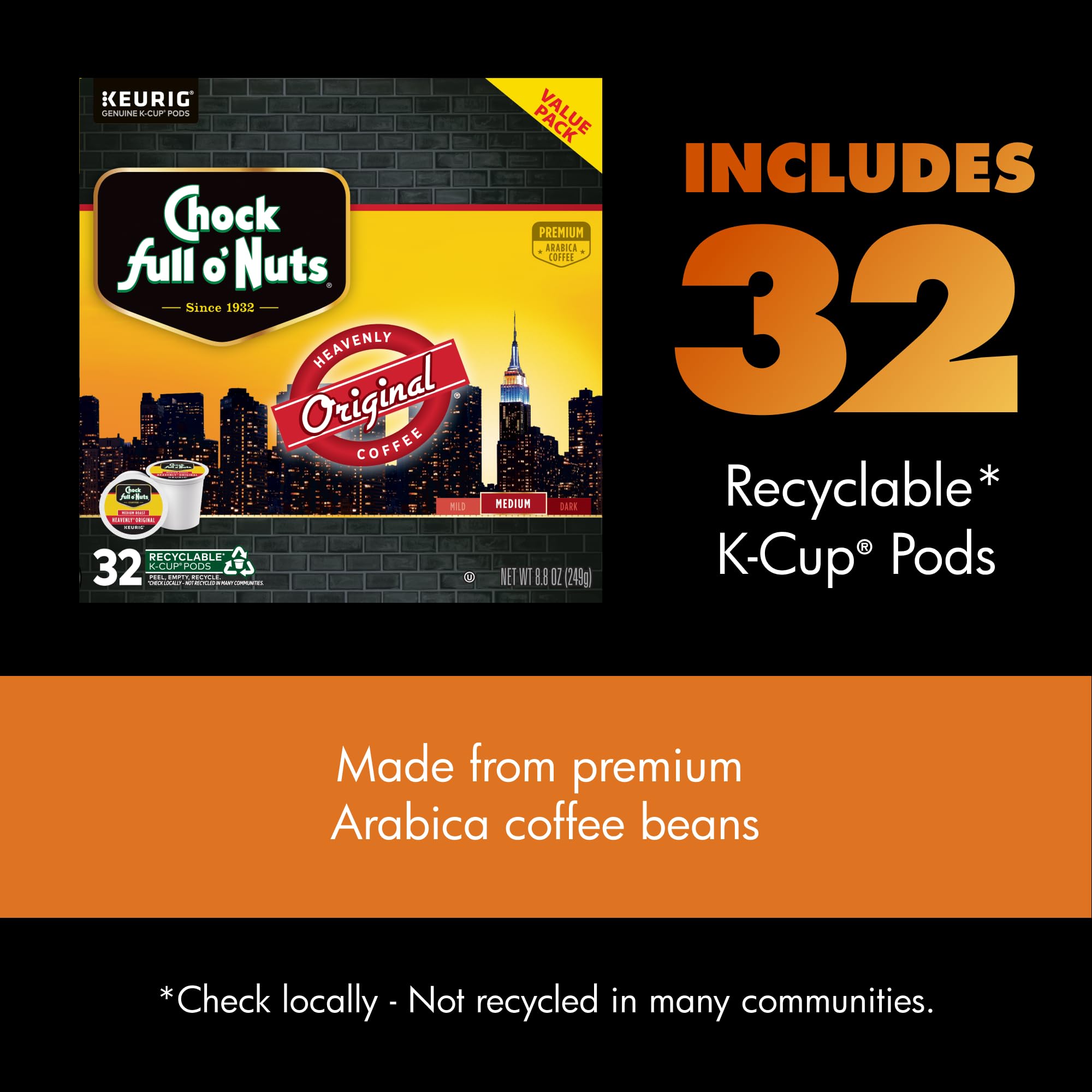 Chock Full o' Nuts Heavenly Original K-Cup pod inner peel signals recyclability.