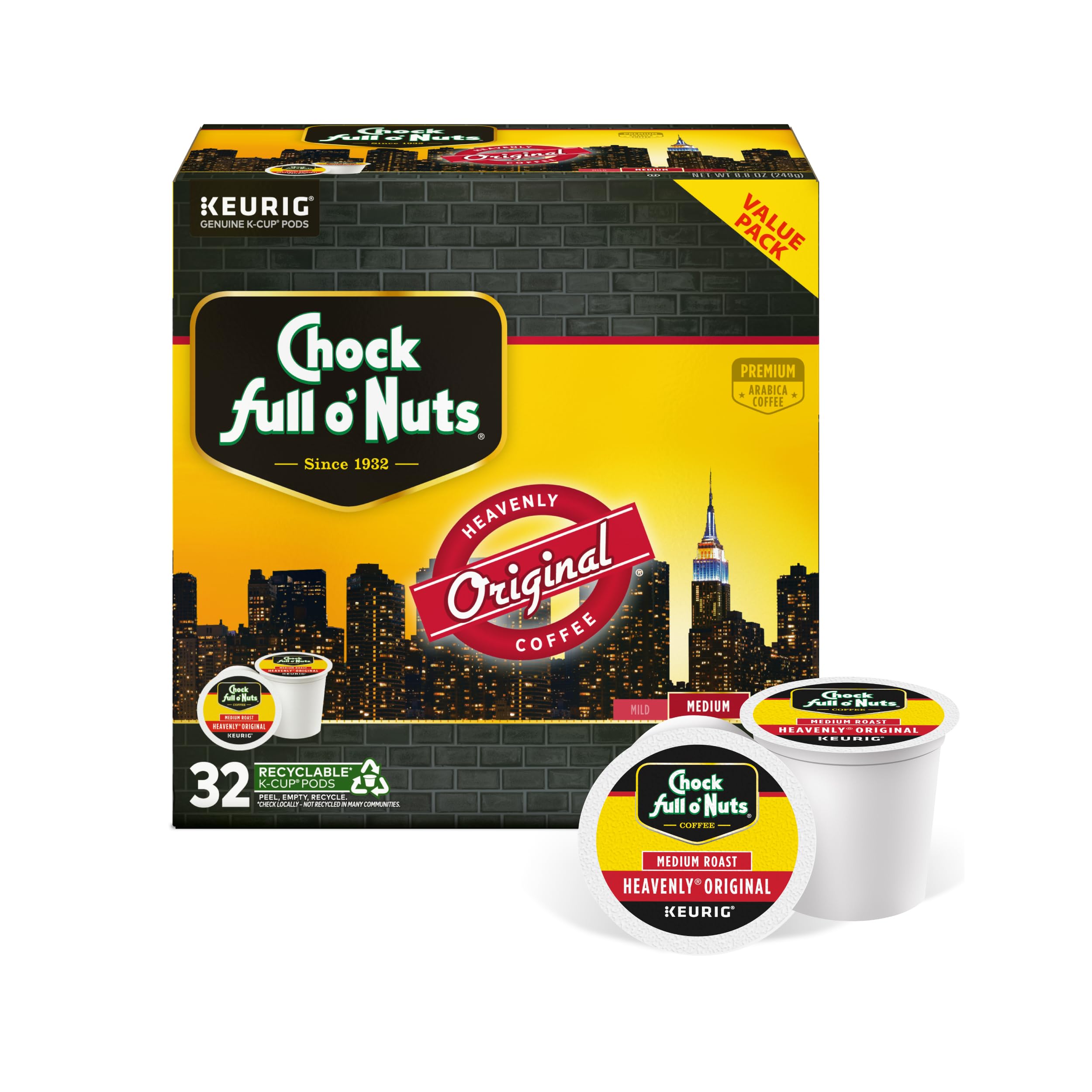 Chock Full o' Nuts Heavenly Original K-Cup pod front view for a smooth, convenient morning brew.