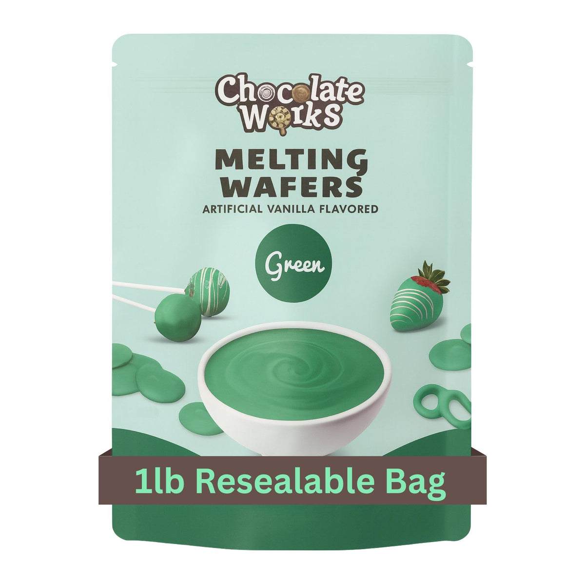 Chocolate Works green melting chocolate wafers packaging for bulk use and easy melting.