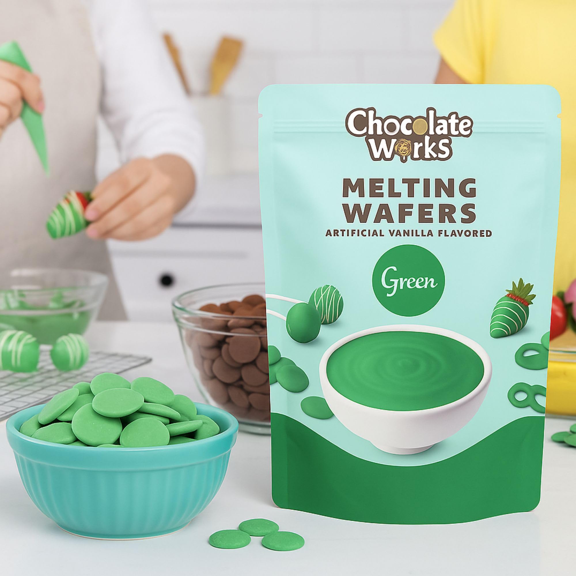 Chocolate Works green melting chocolate wafers ideal for decorating cakes.