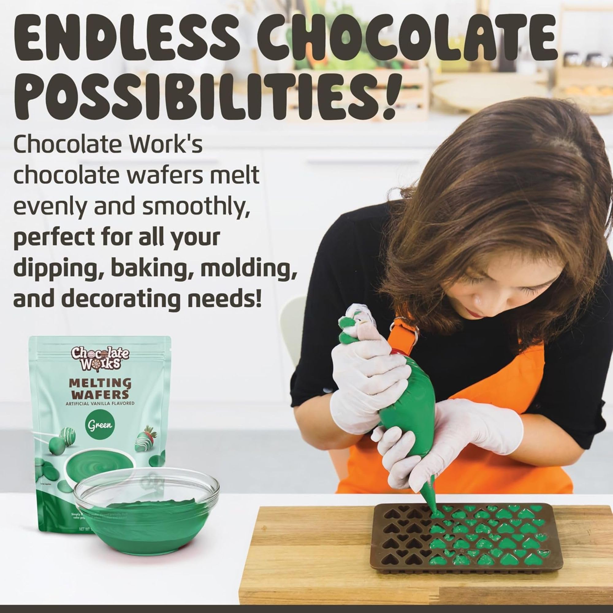 Chocolate Works green melting chocolate wafers ideal for dipping strawberries.