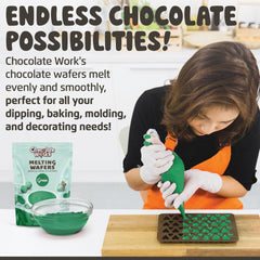Chocolate Works green melting chocolate wafers ideal for dipping strawberries.