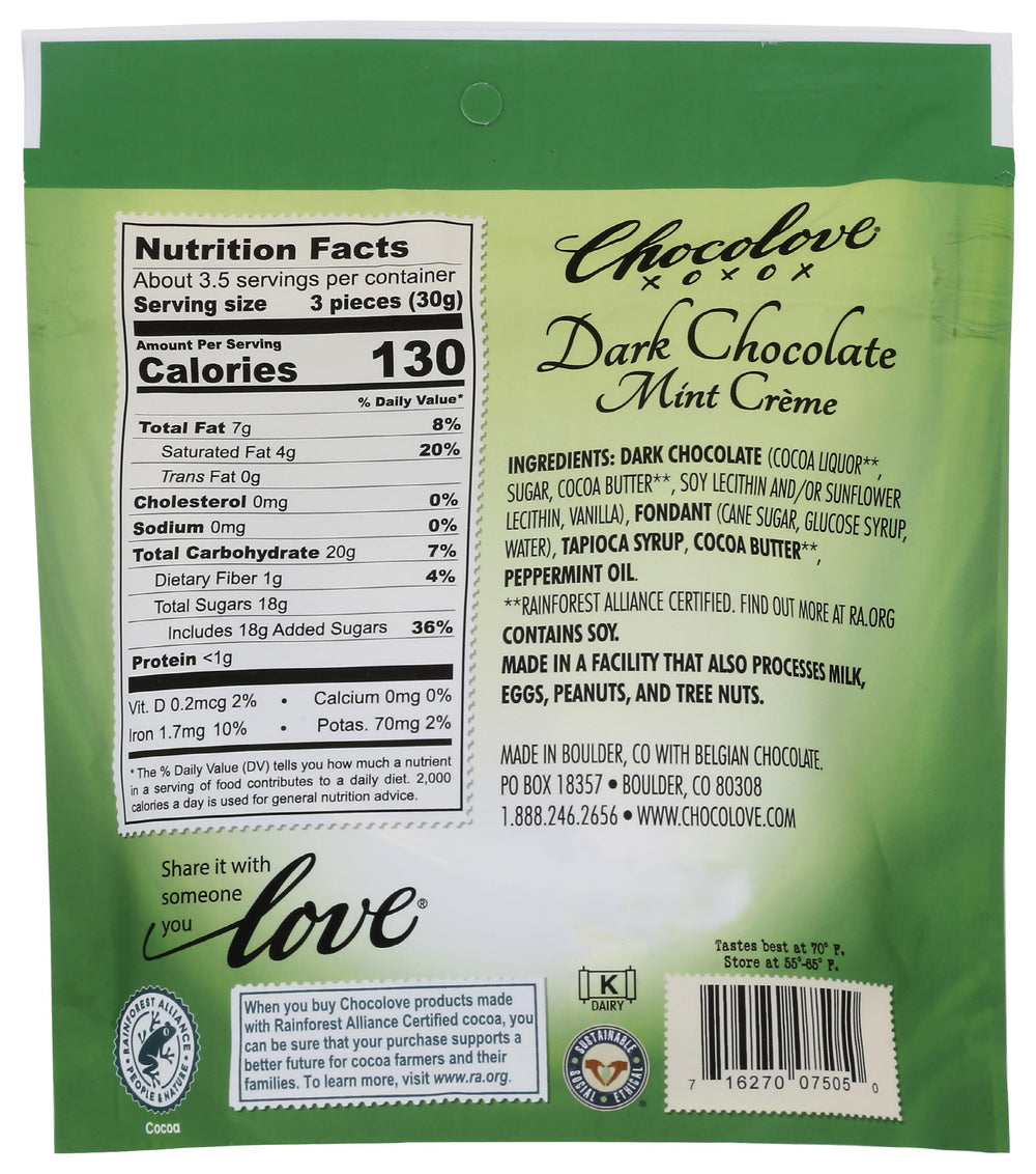 Chocolove mint creme centers closeup, creamy interior for a refreshing bite.