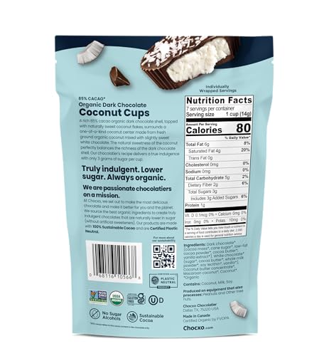 Cross-section of ChocXO Coconut Cups showing coconut center with rich 85% chocolate.