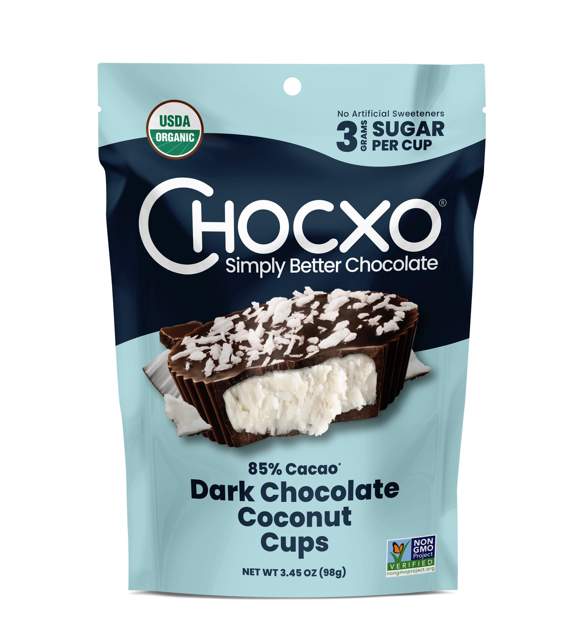 ChocXO Coconut Cups packaging highlighting organic 85% dark chocolate for a premium snack.