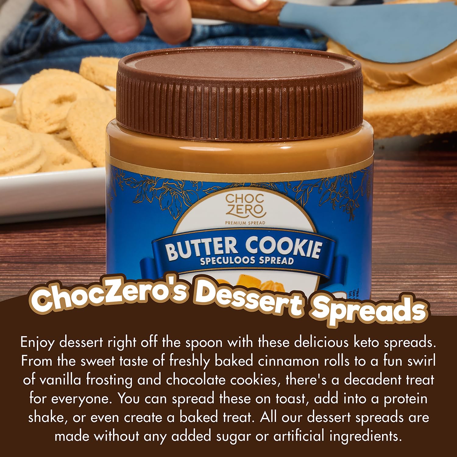 ChocZero Butter Cookie Spread with fruit, featuring monk fruit sweetness.