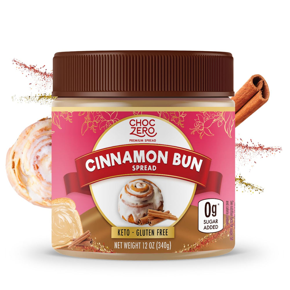 ChocZero Cinnamon Bun Spread jar showing keto-friendly sweetness with no added sugar