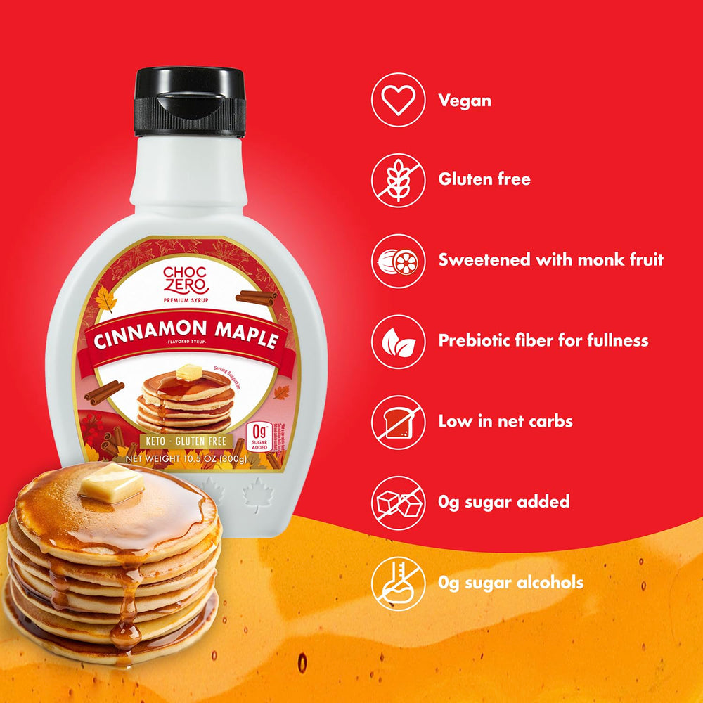 ChocZero Cinnamon Maple Syrup dispensing, easy pour with rich cinnamon maple taste.
