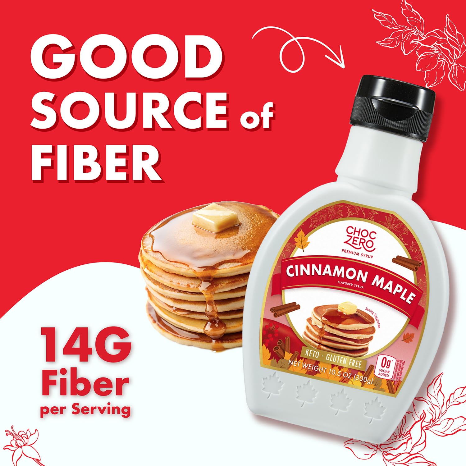ChocZero Cinnamon Maple Syrup on pancakes, thick texture ideal for breakfast.