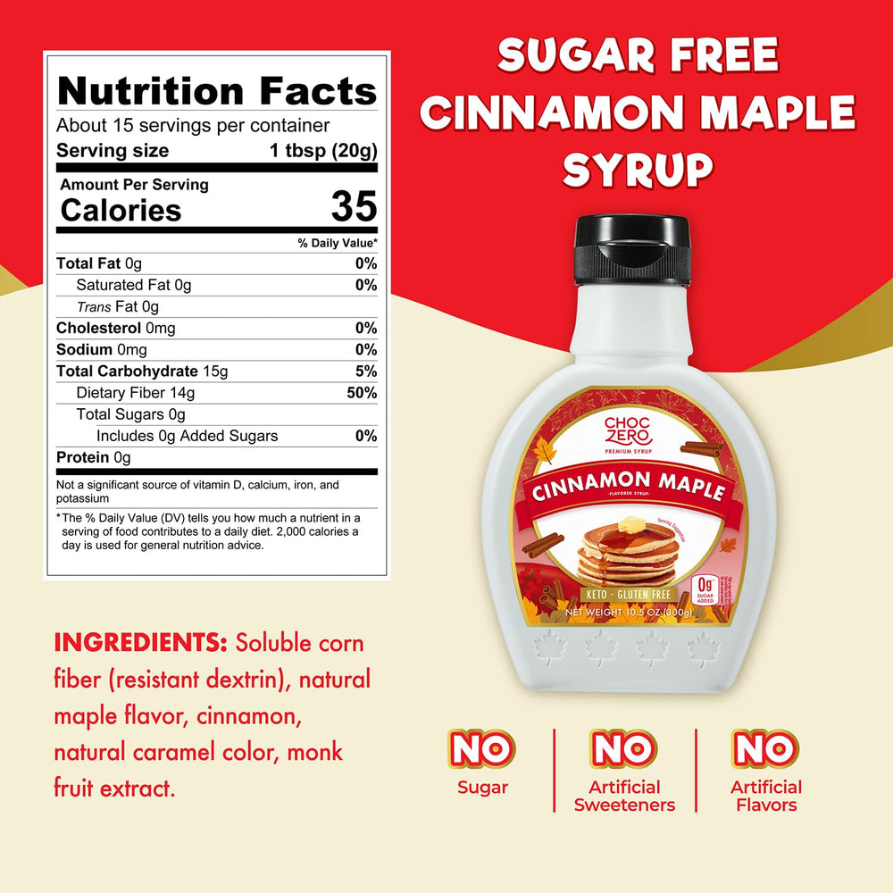 ChocZero Cinnamon Maple Syrup being poured over pancakes, low-carb sweetness.